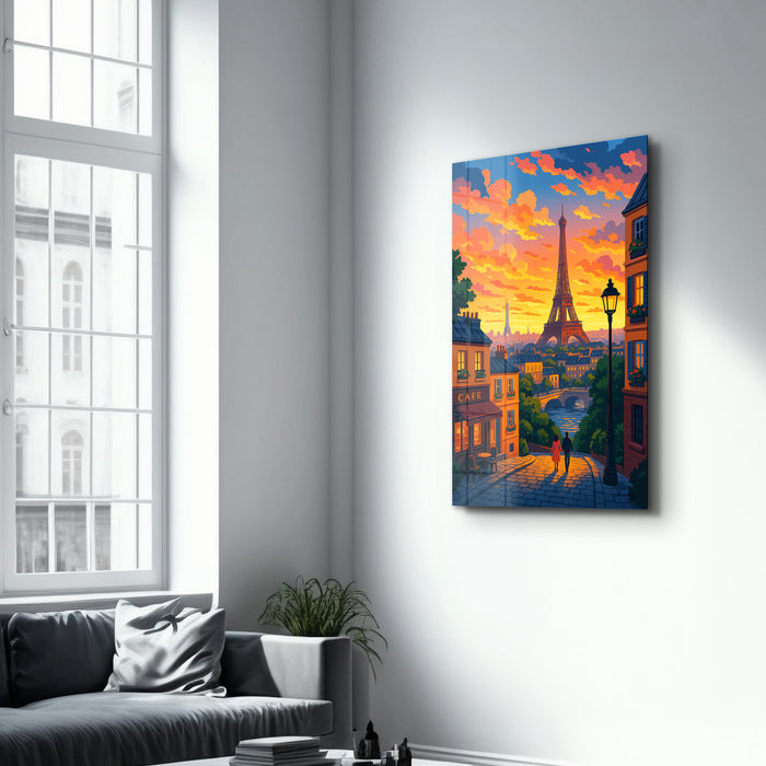 Glass wall art featuring a Paris sunset scene by HMZ, showcasing vibrant colors and artistic glass craftsmanship.