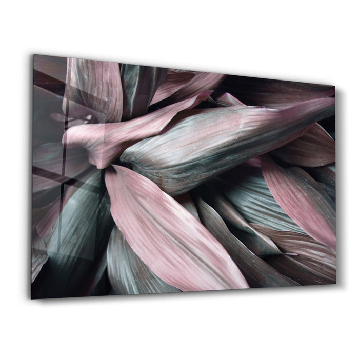 Pink Leaves V2 glass wall art by Artdesigna featuring vibrant pink leaf designs on clear glass surface.
