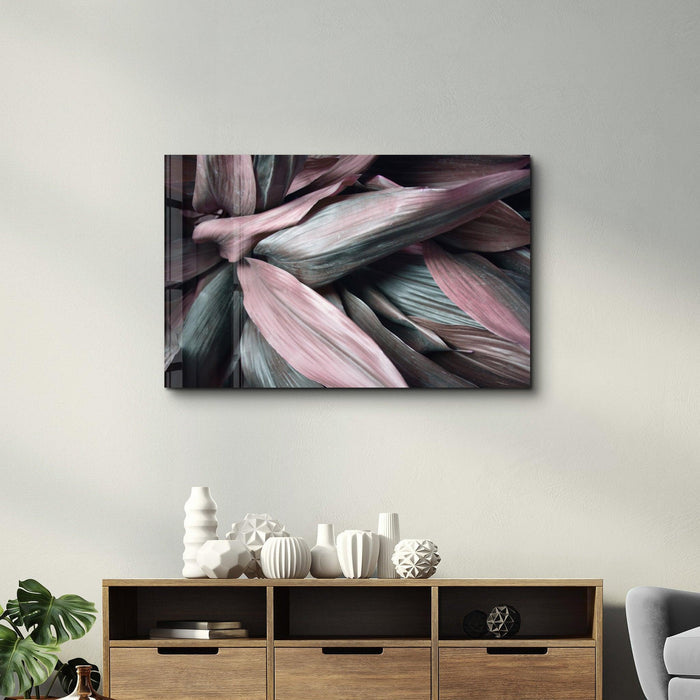 Pink Leaves V2 glass wall art by Artdesigna, featuring vibrant pink leaf designs on clear glass background.