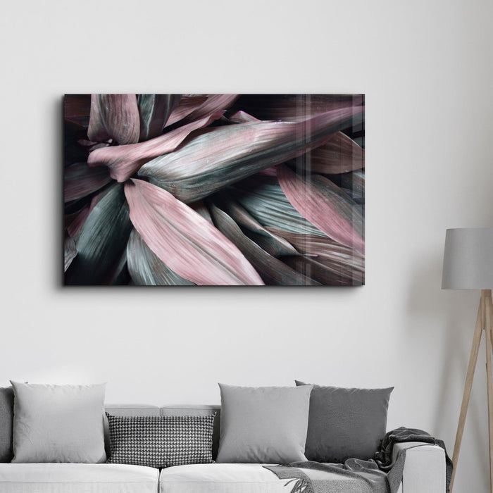 Pink Leaves V2 glass wall art by Artdesigna featuring vibrant pink leaf designs on clear glass panel.