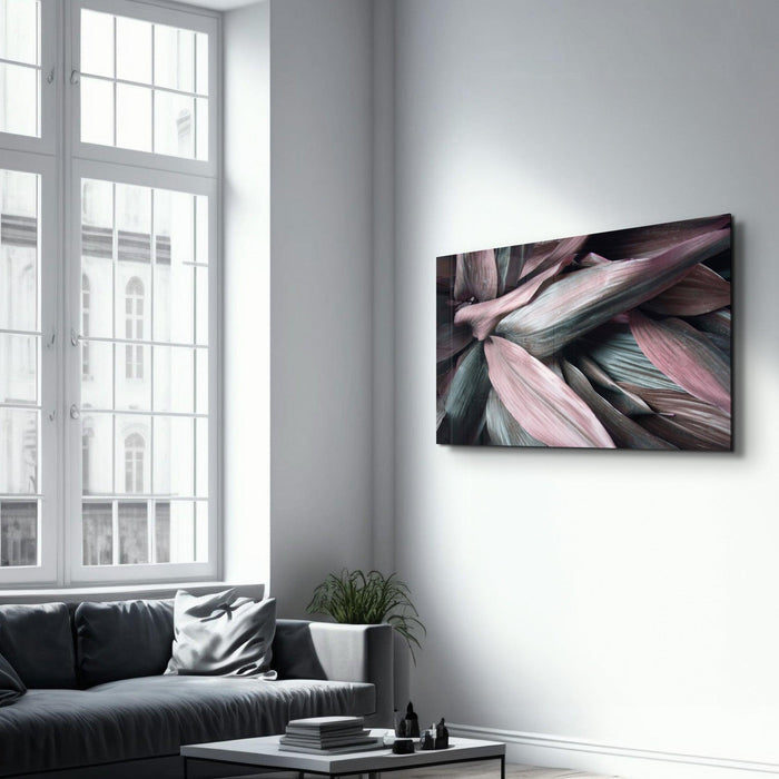 Pink Leaves V2 glass wall art by Artdesigna featuring vibrant pink leaf designs on clear glass background.