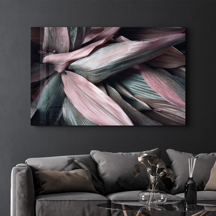 Pink Leaves V2 glass wall art by Artdesigna featuring vibrant pink leaf designs on clear glass panel.