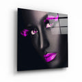 Pink lips and eyes glass wall art by Artdesigna featuring vibrant pink lips and expressive eyes on clear glass surface.