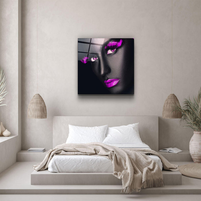 Pink lips and eyes glass wall art by Artdesigna, featuring vibrant pink design on clear glass wall decor.