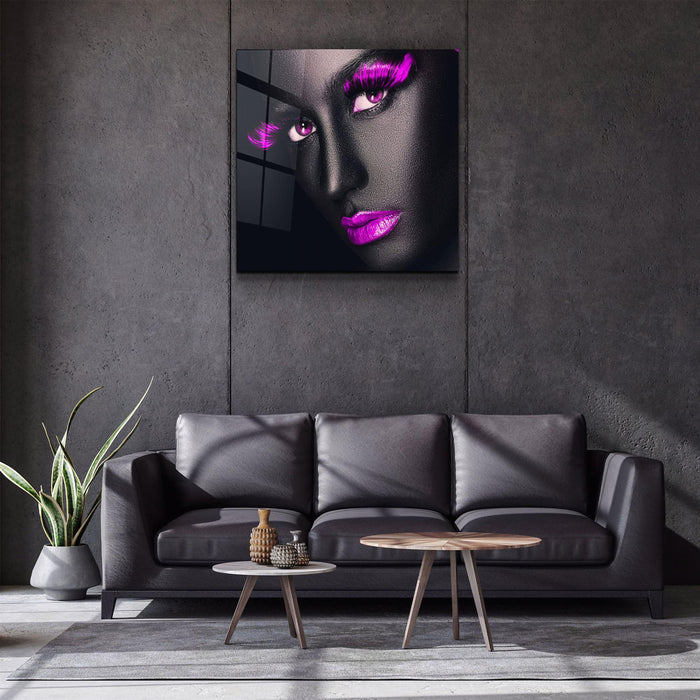 Pink lips and eyes glass wall art by Artdesigna featuring vibrant pink lips and striking eye design on clear glass.