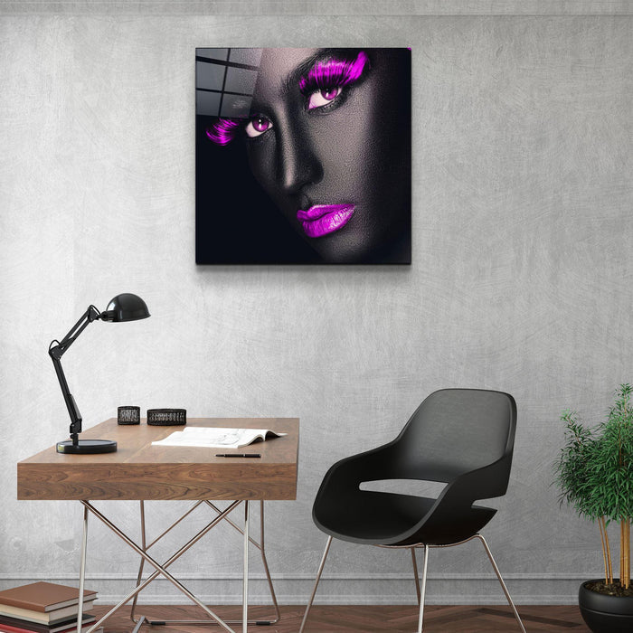 Pink lips and eyes glass wall art by Artdesigna featuring vibrant pink lips and striking eye details on clear glass.