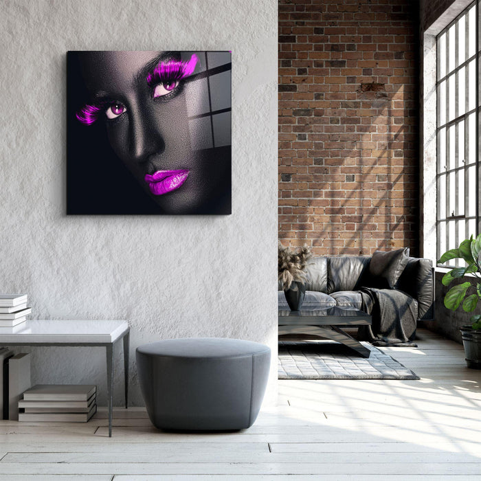 Pink lips and eyes glass wall art by Artdesigna featuring vibrant pink lips and expressive eyes on clear glass.