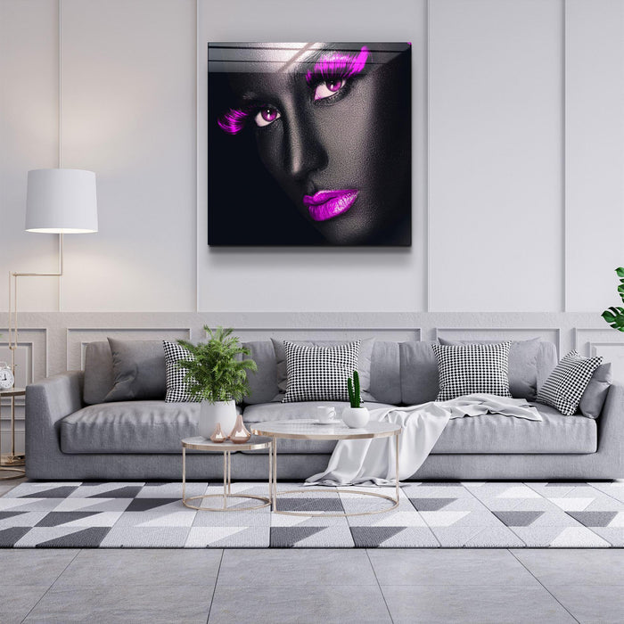 Pink lips and eyes glass wall art by Artdesigna, featuring vibrant pink lips and striking eye design on clear glass.