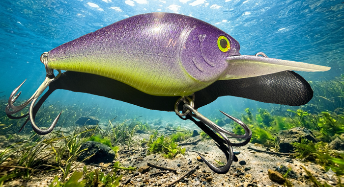 purple and chartreuse med depth diving crank bait
