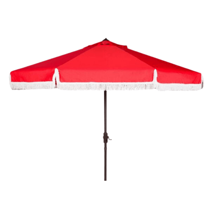 Red Outdoor Crank Umbrella With White Fringe - Outdoor Umbrellas - The Well Appointed House