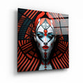 Red Queen glass wall art by Artdesigna featuring a vibrant, detailed depiction of the iconic queen figure on clear glass.