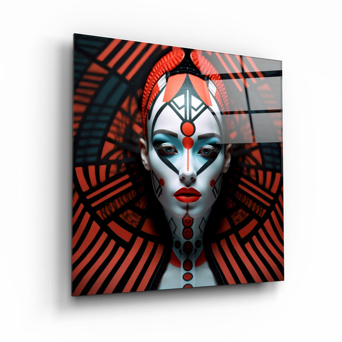 Red Queen glass wall art by Artdesigna featuring a vibrant, detailed depiction of the iconic queen figure on clear glass.