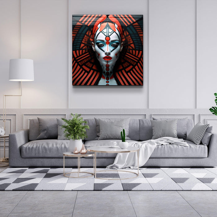 Red Queen glass wall art by Artdesigna featuring vibrant, detailed Queen portrait on clear glass wall decor.