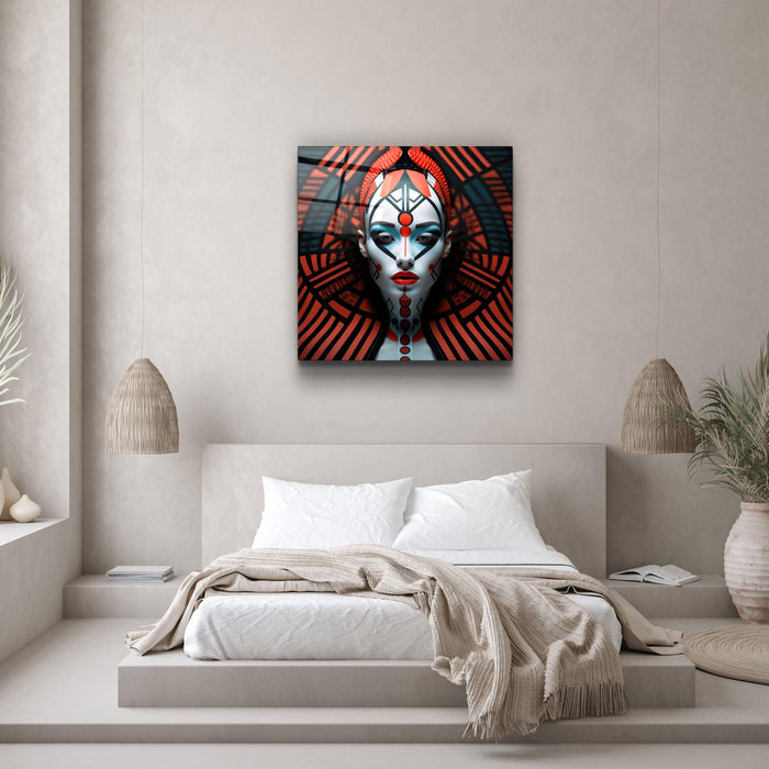 Red Queen glass wall art by Artdesigna featuring a vibrant, artistic depiction of a queen on a sleek glass panel.