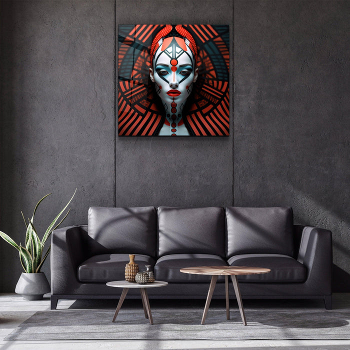Red Queen glass wall art by Artdesigna featuring a striking, detailed image of a queen on a sleek glass surface.