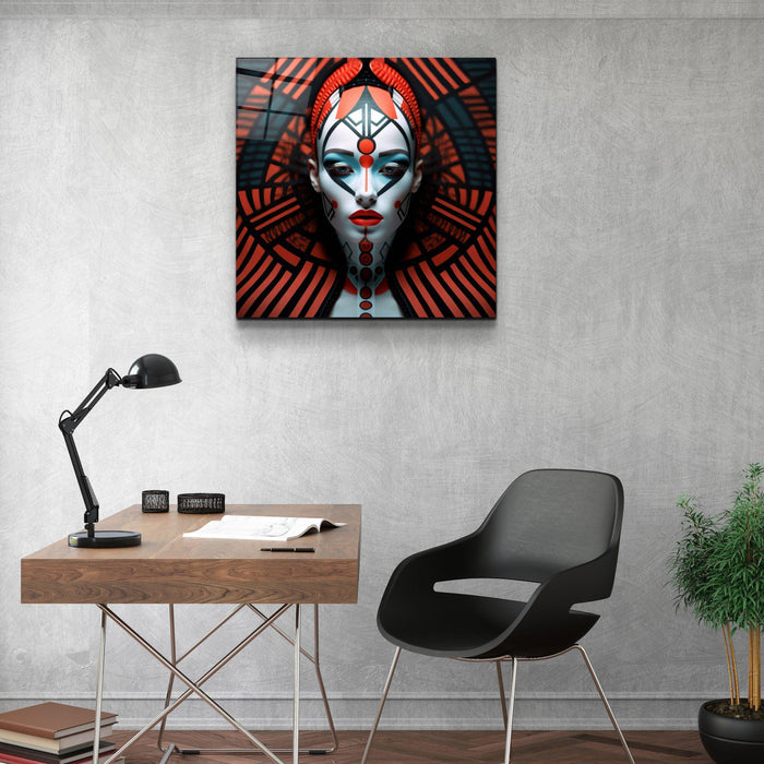 Red Queen glass wall art by Artdesigna featuring a vibrant, detailed queen design on clear glass surface.