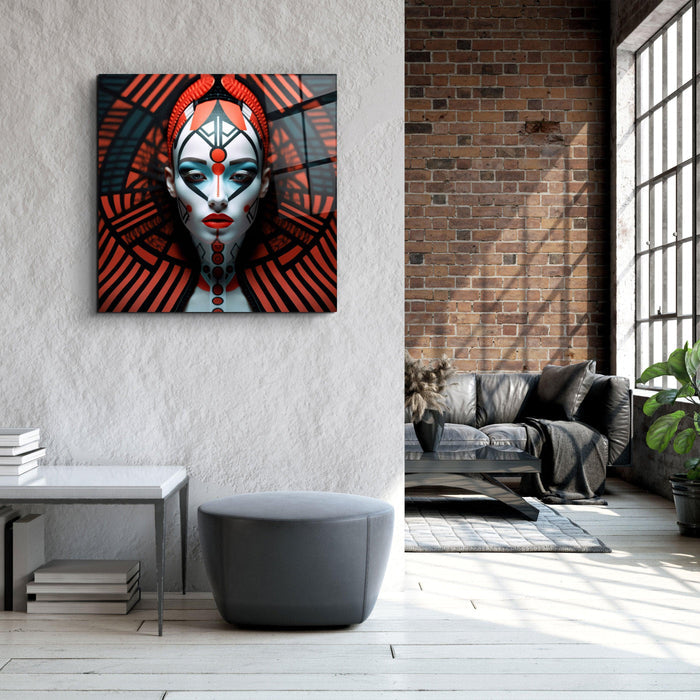 Red Queen glass wall art by Artdesigna featuring vibrant red and black abstract design on clear glass background.