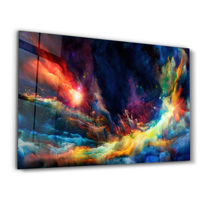Colorful glass wall art by Artdesigna featuring vibrant, abstract design perfect for modern home decor.