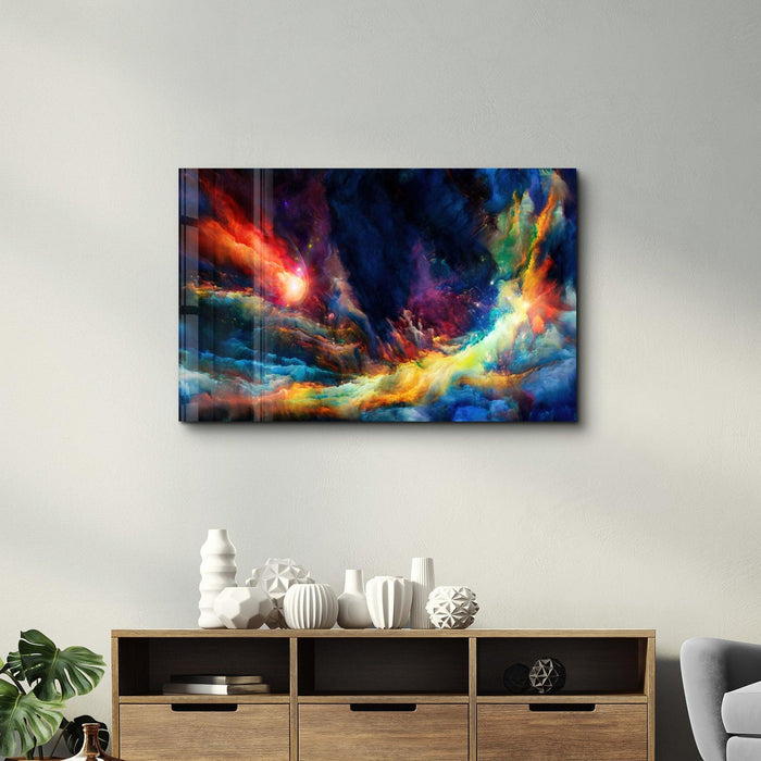 Colorful glass wall art by Artdesigna featuring vibrant, abstract design for modern home decor.
