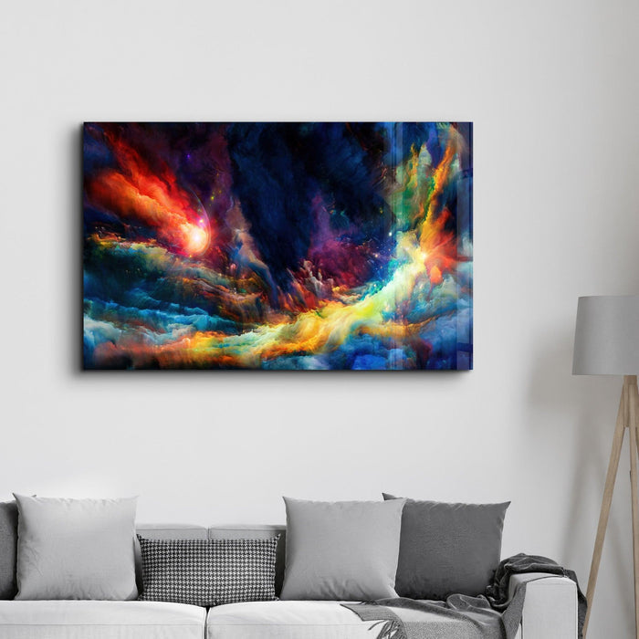 Colorful glass wall art by Artdesigna featuring vibrant, abstract design for modern home decor.