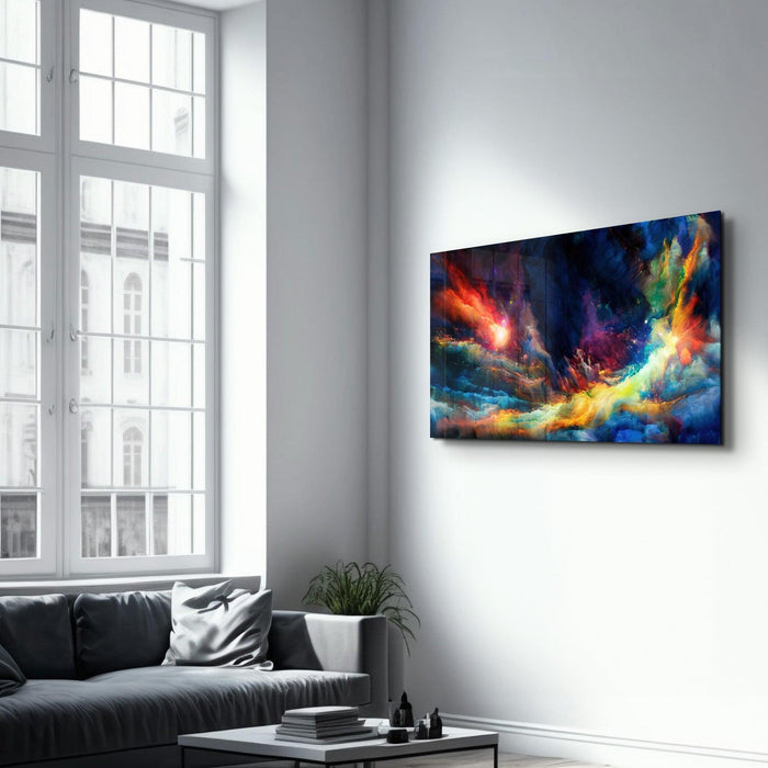 Colorful glass wall art by Artdesigna featuring vibrant, abstract designs suitable for modern interior decor.