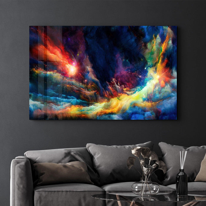 Colorful glass wall art piece by Artdesigna featuring vibrant, abstract design perfect for modern interior decor.
