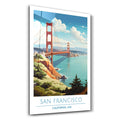 Glass wall art featuring San Francisco-California travel posters by Artdesigna, showcasing vibrant cityscape imagery.