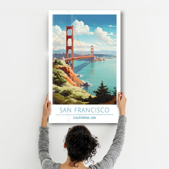 San Francisco California USA travel posters glass wall art by Artdesigna, featuring scenic city views and iconic landmarks.