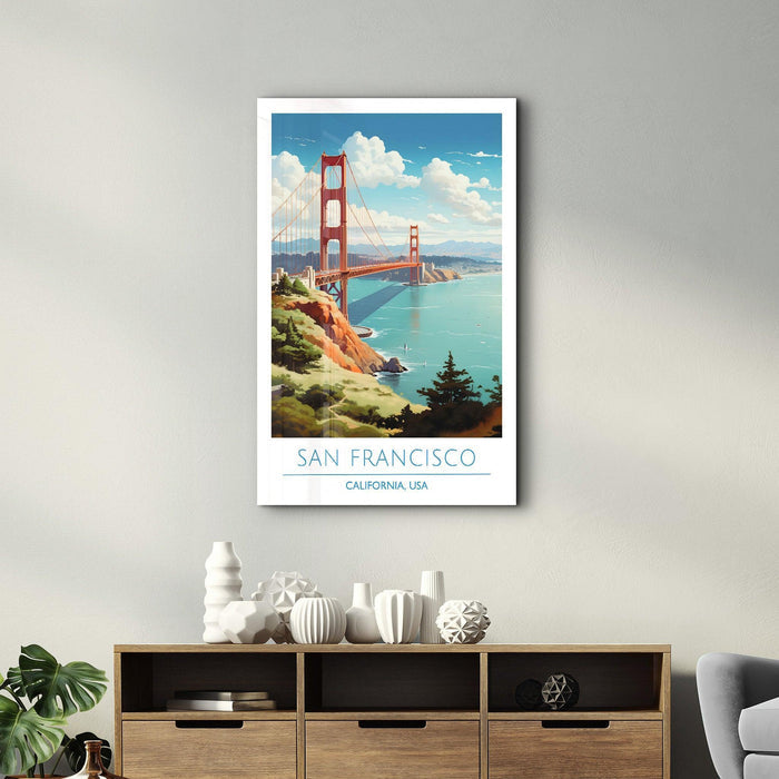 San Francisco California USA travel posters glass wall art by Artdesigna, featuring vibrant cityscape design on clear glass.