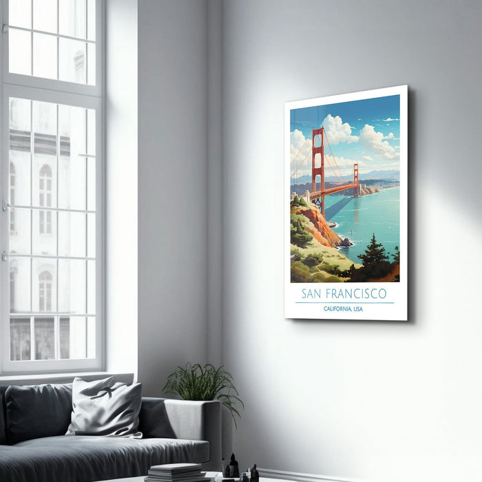 San Francisco California USA travel posters glass wall art by Artdesigna, featuring vibrant cityscape and iconic landmarks.