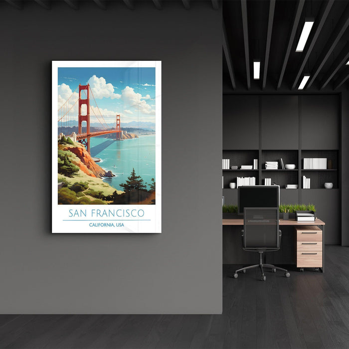 San Francisco California USA travel posters on glass wall art by Artdesigna, showcasing iconic cityscape and scenic views.