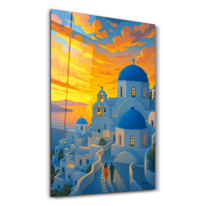 Glass wall art by HMZ depicting a Santorini sunset scene, designed by Artdesigna, 16x10 inches, vibrant and artistic decor piece.