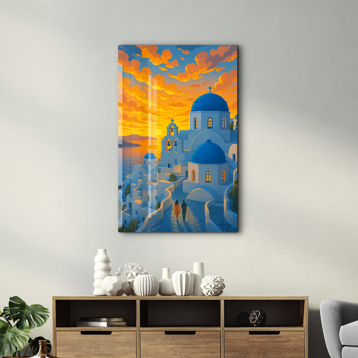 Artdesigna glass wall art featuring a Santorini sunset scene, with vibrant colors and scenic coastal view, designed by HMZ.