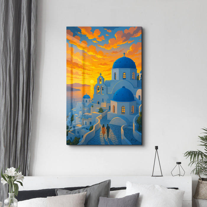 Artdesigna glass wall art titled Santorini Sunset featuring a vibrant sunset scene on a glass panel, 16x10 inches.