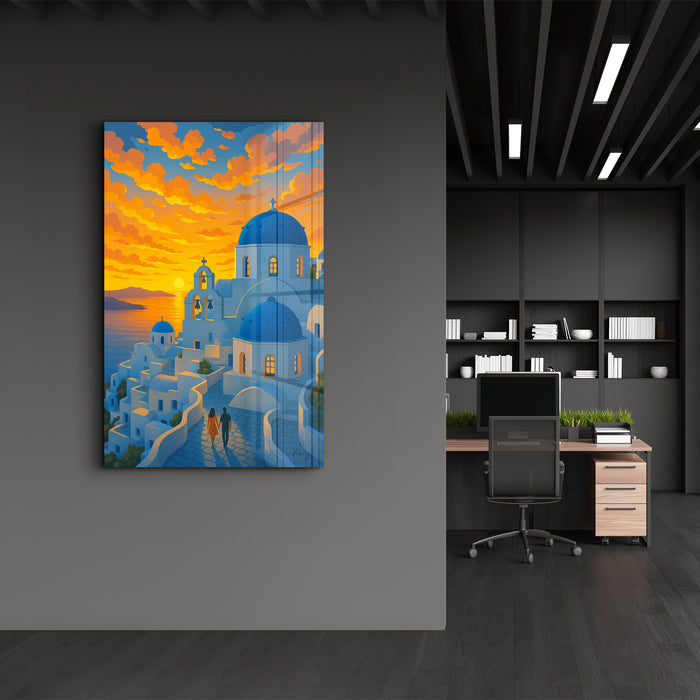 Santorini Sunset glass wall art by HMZ, vibrant sunset scene on clear glass, perfect for modern decor, by Artdesigna