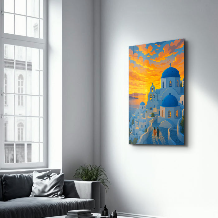 Artdesigna glass wall art featuring a vibrant Santorini sunset scene, 16x10 inches, designed by HMZ.