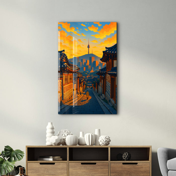 Seoul Glow glass wall art by HMZ, featuring vibrant cityscape design in a sleek glass panel, ideal for modern interior decor.