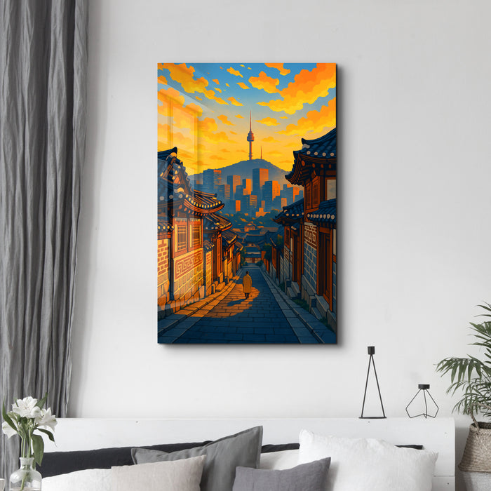 Seoul Glow glass wall art by HMZ, featuring vibrant cityscape design in a sleek glass panel, perfect for modern interior decor.
