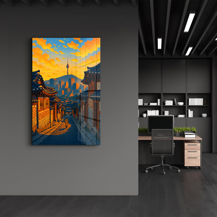 Glass wall art titled Seoul Glow by HMZ, featuring vibrant glass artwork with a glowing cityscape design by Artdesigna.