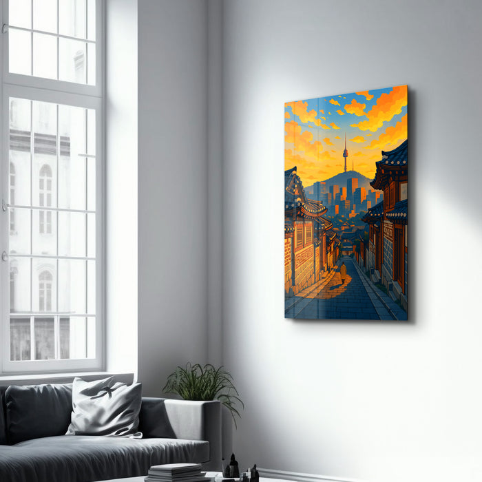 Glass wall art titled Seoul Glow by HMZ, featuring vibrant glass artwork with a glowing cityscape design, by Artdesigna.