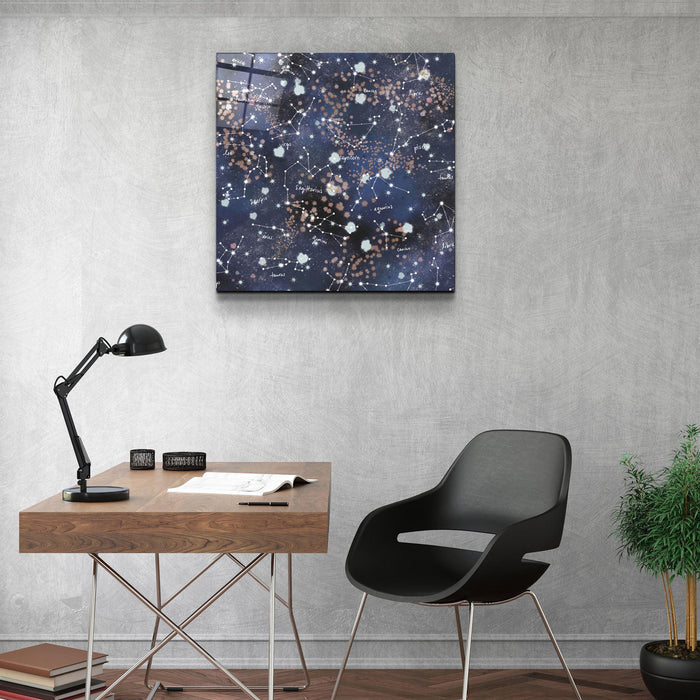 Glass wall art featuring stars and zodiac designs by Artdesigna, showcasing intricate celestial patterns on clear glass.