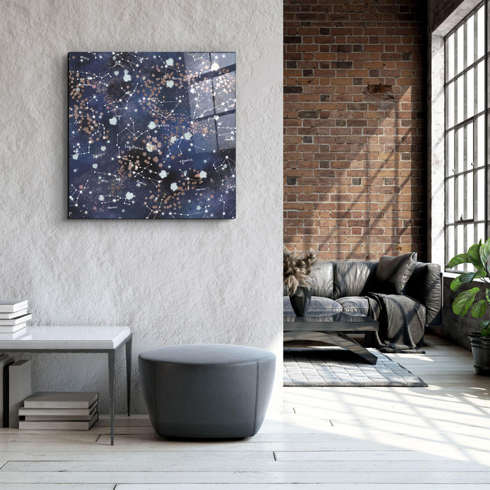 Stars and Zodiacs glass wall art by Artdesigna featuring celestial designs on clear glass with zodiac symbols.