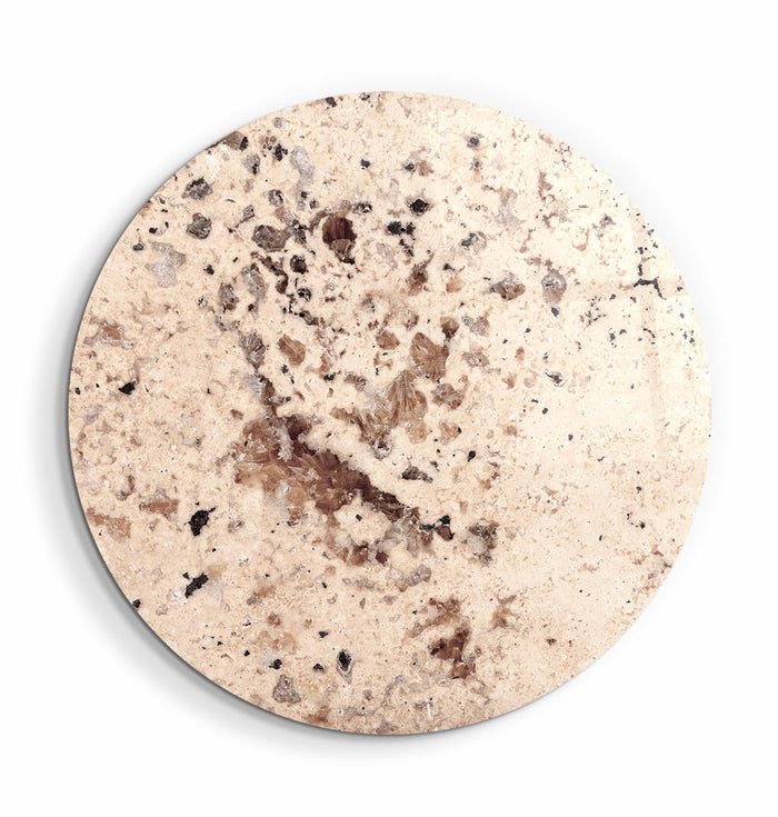 Beige rounded glass wall art featuring embedded crystals by Artdesigna, decorative modern glass wall decor.