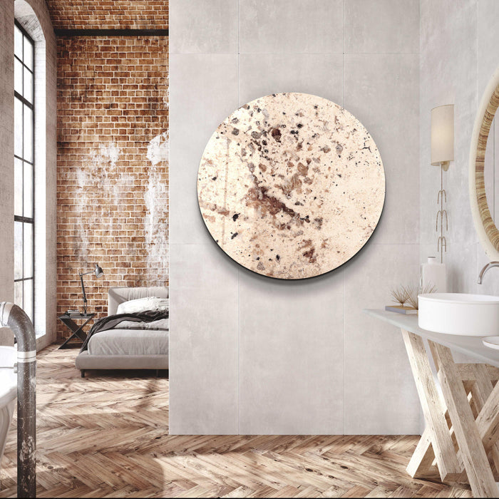Beige glass wall art with embedded crystals, rounded design by Artdesigna, showcasing a modern, decorative glass art piece.