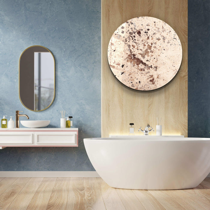 Beige rounded glass wall art with embedded crystals by Artdesigna, featuring smooth glass surface and decorative crystal accents.