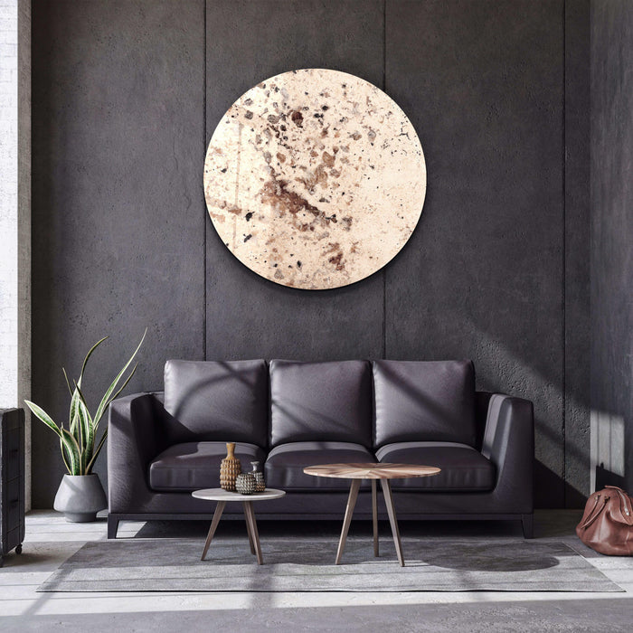 Beige rounded glass wall art with embedded crystals by Artdesigna, featuring a smooth, polished surface and decorative design.