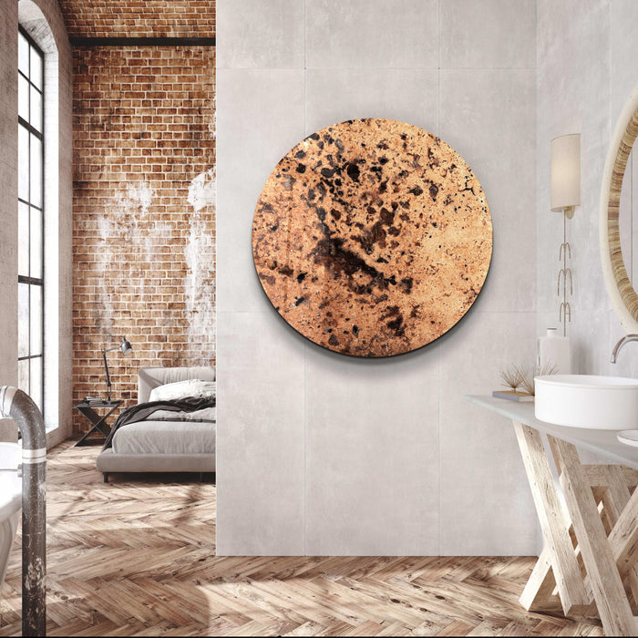 Brown glass wall art with embedded crystals, rounded design by Artdesigna, suitable for modern interior decor.