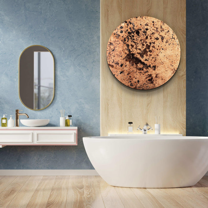 Brown glass wall art with embedded crystals, rounded design by Artdesigna, showcasing a decorative stone with sparkling accents.