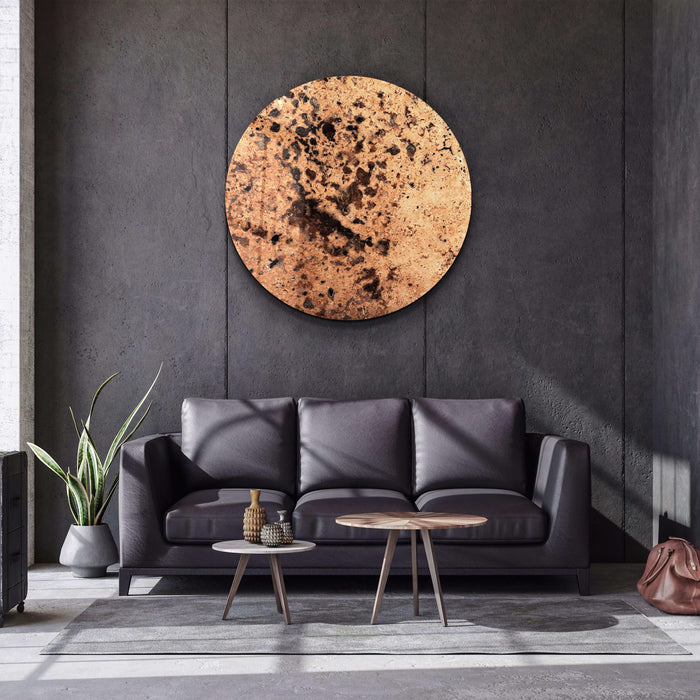 Brown stone with embedded crystals in a rounded glass wall art piece by Artdesigna, showcasing a smooth, artistic design.