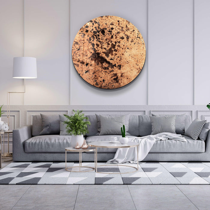 Brown stone with embedded crystals in rounded glass wall art by Artdesigna, showcasing a textured, decorative wall piece.